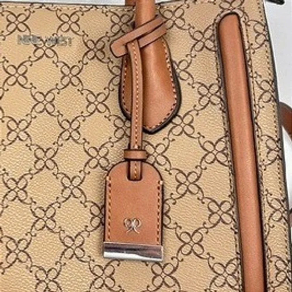 Nine West Monogram Satchel Bag Tan Brown Logo Print Crossbody Handbag